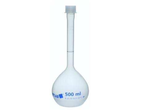 Målekolbe, PP, 500 ml, med skruelåg